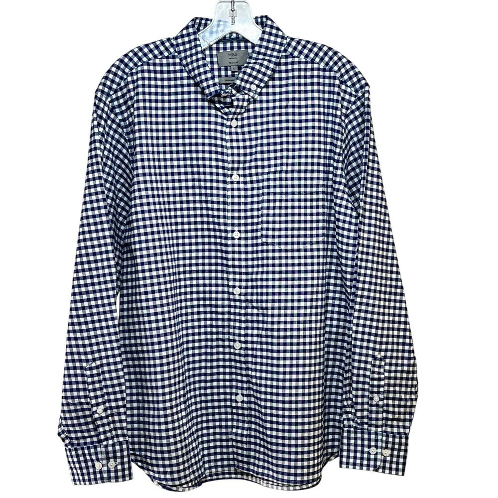 Oxford Cloth Shirt Men's 41-43" Large Blue White Gingham Cotton L/S M&S EUC